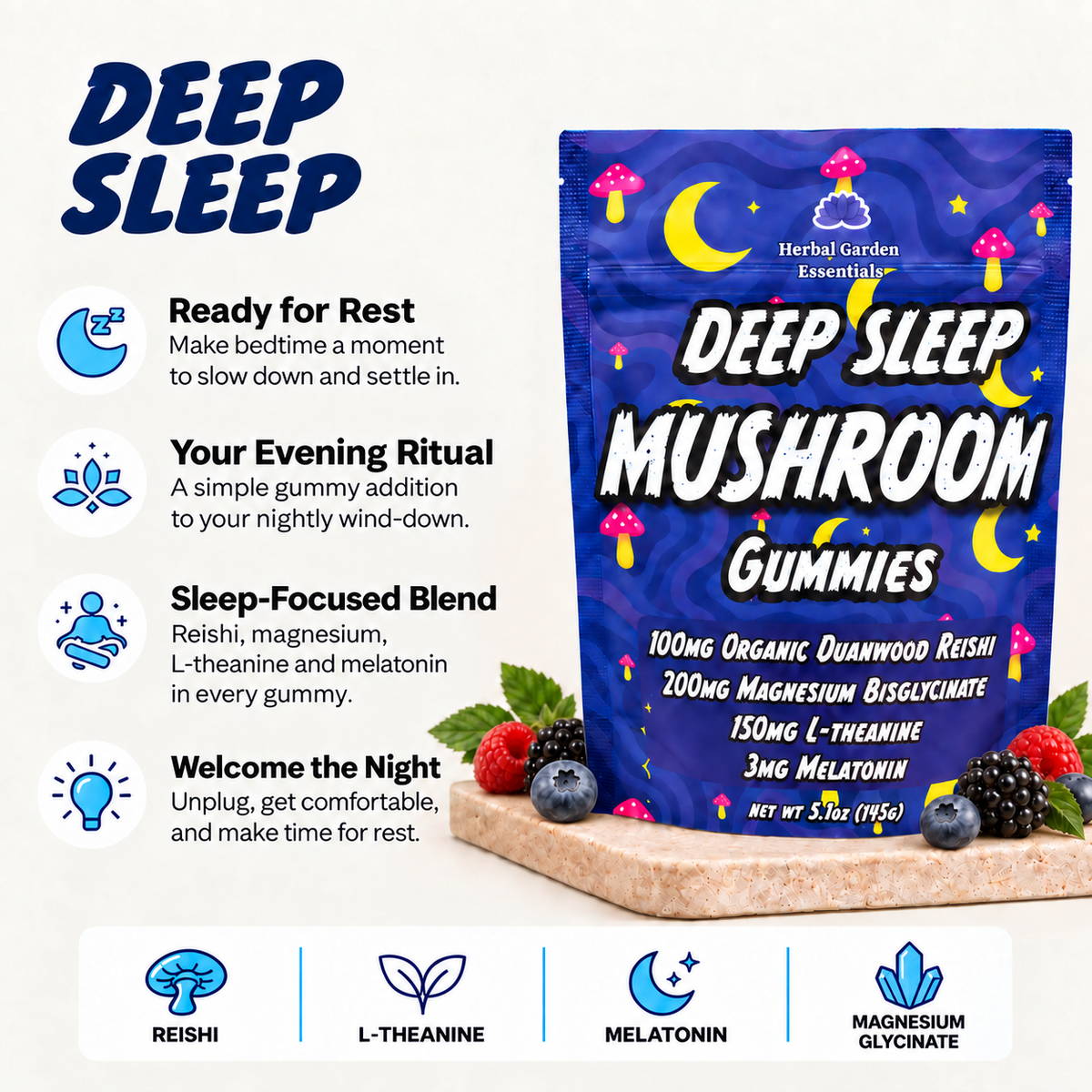 Deep Sleep Mushroom Gummies ( Organic Reishi + Magnesium Glycinate + L-theanine + Melatonin. ( NEW PRODUCT )